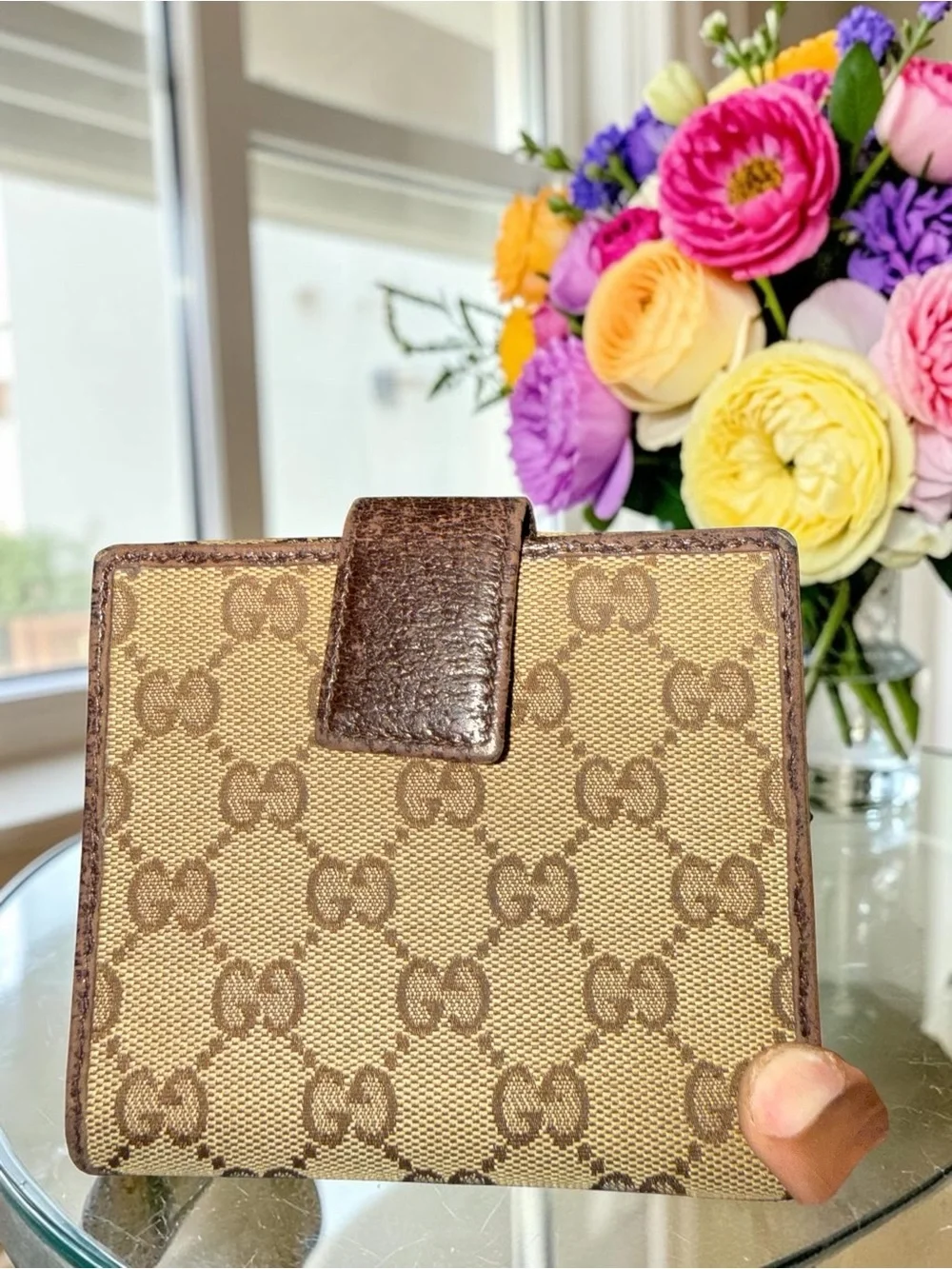 Gucci Beige GG Supreme Canvas Trifold Wallet with Silver Accents EUC